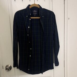 Stafford Navy and Green Plaid Button-Down Shirt